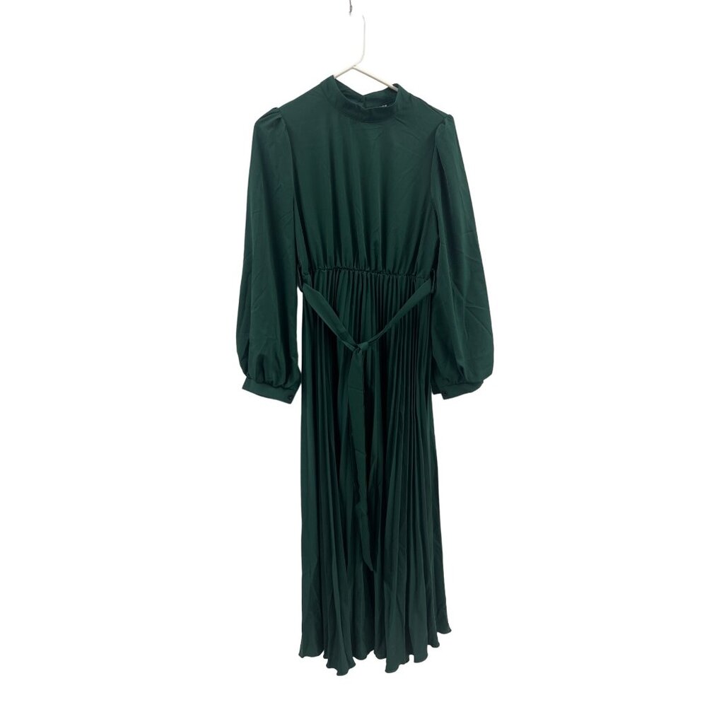 Shein Womens Long Sleeve Green Pleated Midi Dress With Tie Waist And Button Clos